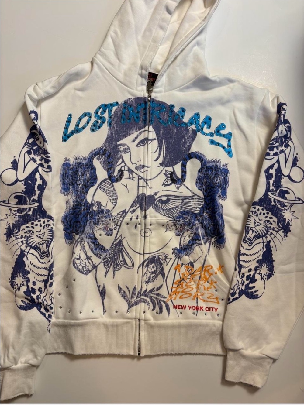 White Graphic Bomber Zip Hoodie with Blue Art Print